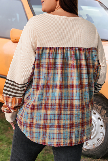 Plus Size Patchwork Waffle Knit Top – Striped & Plaid Long Sleeve Pullover